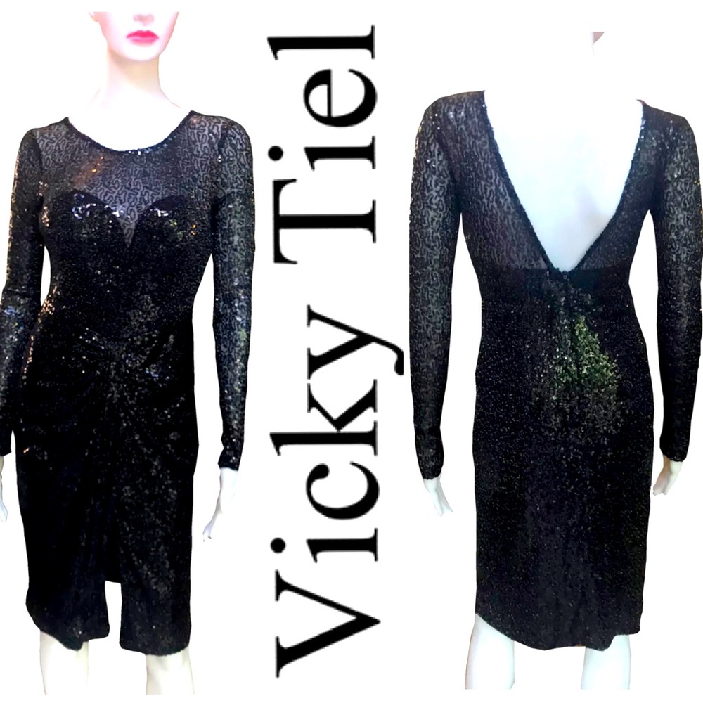 VICKY TIEL - NWT -Long Sleeve Black Sequin Cocktail Dress. Size 0